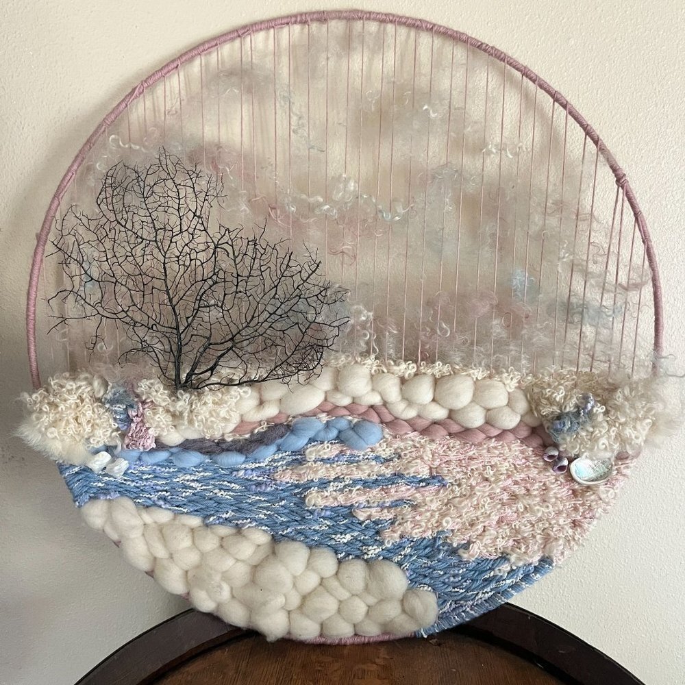 Wool Hand Spun Fiber Mixed Media Wall Hanging Mohair Dream Catcher‎ Boho Cottage